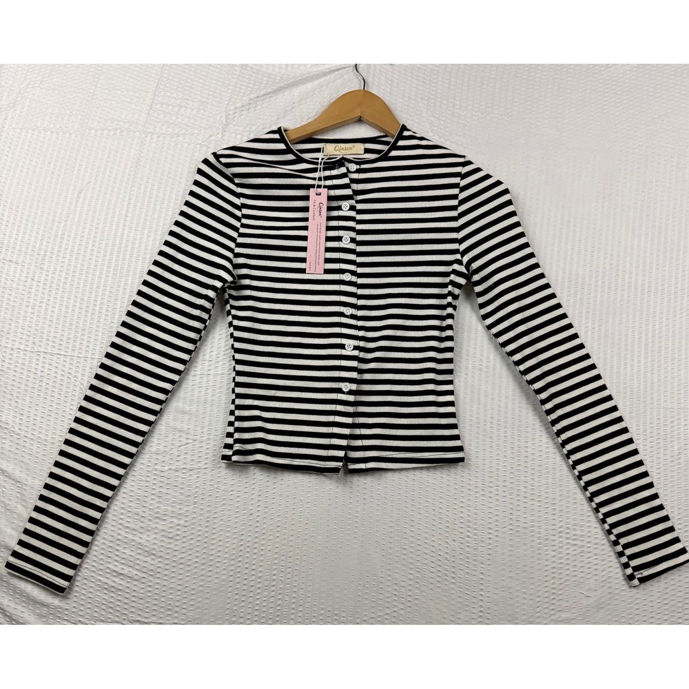 Qinsen Womens Striped Ribbed Knit Button Front Long Sleeve Cardigan Top Black S